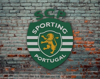 Logo Sporting Portugal in legno, stemma Sporting Lisbona, Logo 3D Sporting Portugal da parete, Primeira Liga