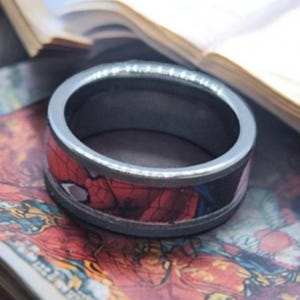 Titanium  Spider-Man Comic Ring Superhero Wedding Band for Men  Marvel-Inspired Titanium  Ring Comic Book Inlay Ring Geeky Engagement Band