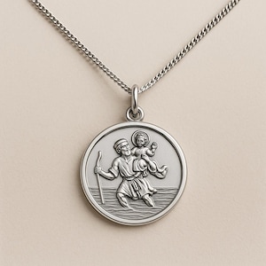 Sterling Silver St. Christopher Large Pendant Chain Set Men Religious Necklace Gift For Him Her Saint Christopher Medal Baptism Present