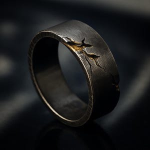 Blackened Sterling Silver Kintsugi Ring 24k Gold Inlay Oxidized Cracked Wedding Band Handmade Men’s & Women’s Rustic Gold Vein Ring