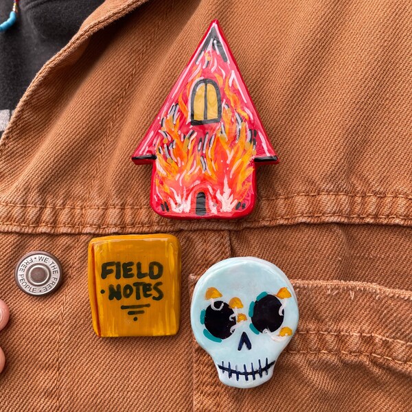 Handmade Clay Pins - Field Notebook, Spook House, Spore Skull