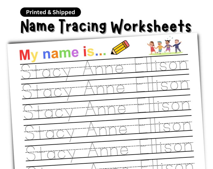 Featured listing image: Printed and Shipped Name Tracing Worksheet Custom Trace Sheet Preschool Homeschool Kindergarten Personalized Handwriting Dry Erase Practice