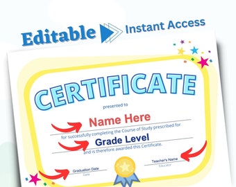 Editable Instant Access Elementary School Certificate Printable Homeschool Personalized Diploma of Graduation Next Grade Promotion Award