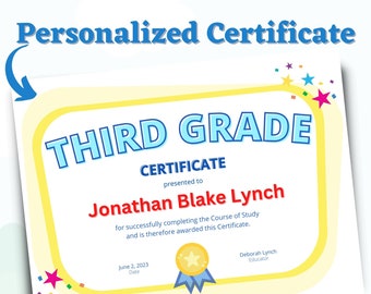 Printable Elementary School Certificate Personalized Homeschool Diploma Kindergarten First Second Third Fourth Fifth Sixth Grade Graduation