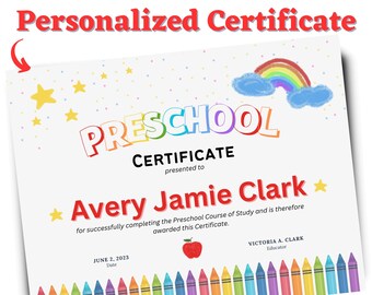 Personalized Printable Preschool Certificate Kindergarten Diploma Homeschool Graduation School Award