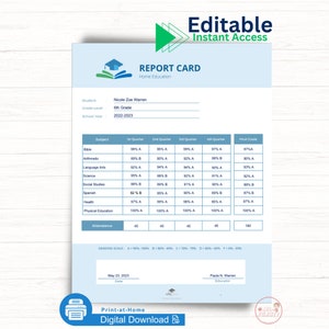 Boleta de calificaciones de acceso instantáneo editable Informe de progreso imprimible Educación en el hogar Calificaciones personalizadas de fin de año