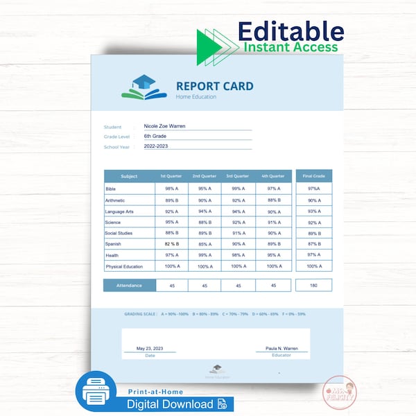 Editable Instant Access Report Card Printable Progress Report Homeschool Personalized End of the Year Grades