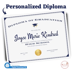 Diploma de graduación personalizado Certificado de escuela secundaria imprimible Diploma de octavo grado Graduación de educación en el hogar Premio promocionado personalizado