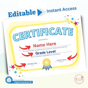 Bearbeitbarer Sofortzugang Grundschulzertifikat druckbare Homeschool Personalisiertes Abschlussdiplom Nächster Grad Promotion Award