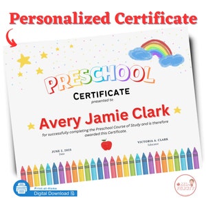 Certificado preescolar imprimible personalizado Diploma de jardín de infantes Premio escolar de graduación de educación en el hogar