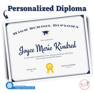 Personalisierte druckbare Schuldiplom Mittelschule High School Zertifikat Achte Klasse Diplom Homeschool Graduation School Award