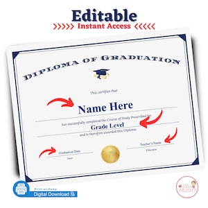 Bearbeitbares Sofort-Zugriff-Diplom des Abschlusses druckbare High-School-Zertifikat Achter Klasse-Diplom Homeschool personalisiert personalisiert