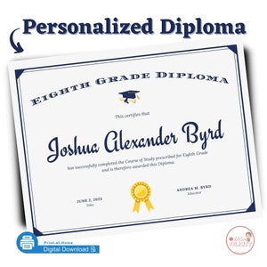 Druckbare Schuldiplom Mittelschule High School Zertifikat Achte Klasse Diploma Homeschool Abschluss Personalisierte Promotion Award