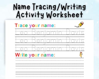 Printed and Shipped Name Tracing Writing Worksheet Custom Preschool Homeschool Kindergarten Personalized Handwriting Dry Erase Practice