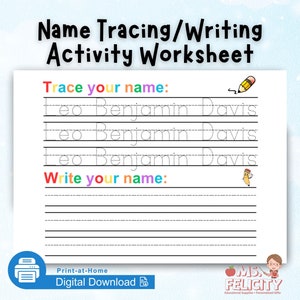 Name Tracing Writing Activity Worksheet Personalized Custom Name Trace Sheet Preschool Homeschool Kindergarten First Grade Handwriting