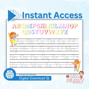 Pode incluir: Folha de trabalho de traçado do alfabeto imprimível para crianças. A folha de trabalho apresenta um alfabeto colorido no topo, seguido de letras minúsculas para traçar. A folha de trabalho é projetada para que as crianças pratiquem a escrita do alfabeto.