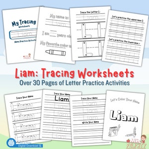 Paquete de rastreo de nombres de Liam Hojas de trabajo de práctica de escritura a mano Hojas de hojas Página de escritura de libros ocupados Seguimiento preescolar imprimible