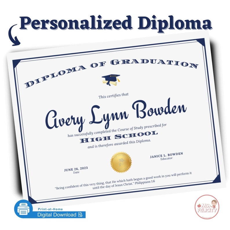 Personalized Printable Diploma of Graduation Middle School Certificate Eighth Grade Diploma