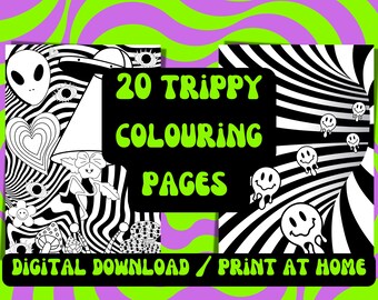 Könnte beinhalten: 20 psychedelische Malvorlagen - Digitaler Download / Zuhause ausdrucken. Schwarz-weiß-Illustrationen mit psychedelischen Mustern und Smiley-Gesichtern.