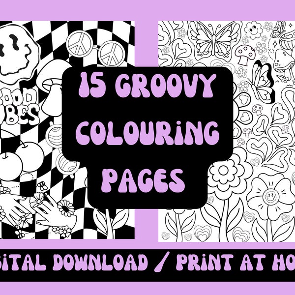 15 Groovy printable colouring pages, Psychedelic trippy boho hippie, Mandala colouring for adults, Groovy retro colouring pages to print