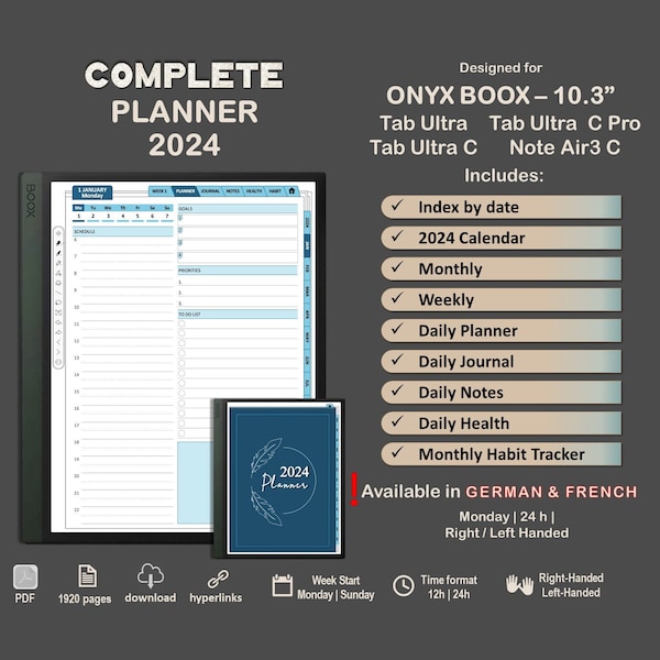 BOOX Tab Ultra series | Note Air3 C - Planner 2024 - COMPLETE - hyperlinked | pdf | colors | 10.3 | German | French | English