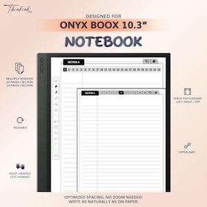 Op de afbeelding: Een digitaal notitieboek ontworpen voor Onyx Boox 10.3" (26,2 cm). Het notitieboek heeft een gelijnde papierindeling met sectietabbladen. De afbeelding bevat de tekst "NOTEBOOK", "REUSABLE" en "HYPERLINKS". Het biedt meerdere versies met 10 of 24 pagina's per sectie.