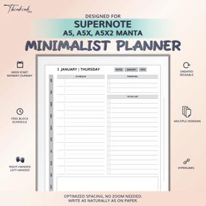 Puede incluir: Un planificador minimalista para Supernote A5, A5X y A5X2 Manta. El planificador blanco incluye un horario, una sección de prioridades y una lista de tareas. Es sin fecha, reutilizable, con múltiples versiones e hipervínculos. Optimizado para la escritura natural.