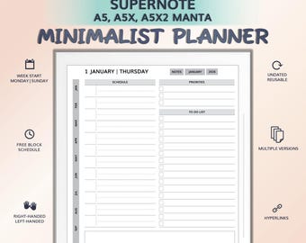 2026 Minimalist Planner for SUPERNOTE A5, A5X, A5X2 Manta | Hyperlinked PDF Template