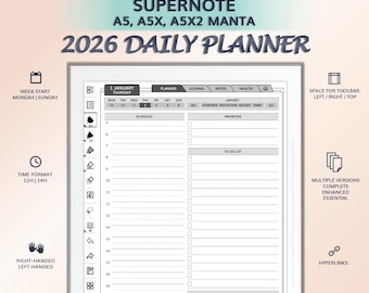 2026 Daily Planner for SUPERNOTE A5, A5X, A5X2 Manta | Hyperlinked PDF Template