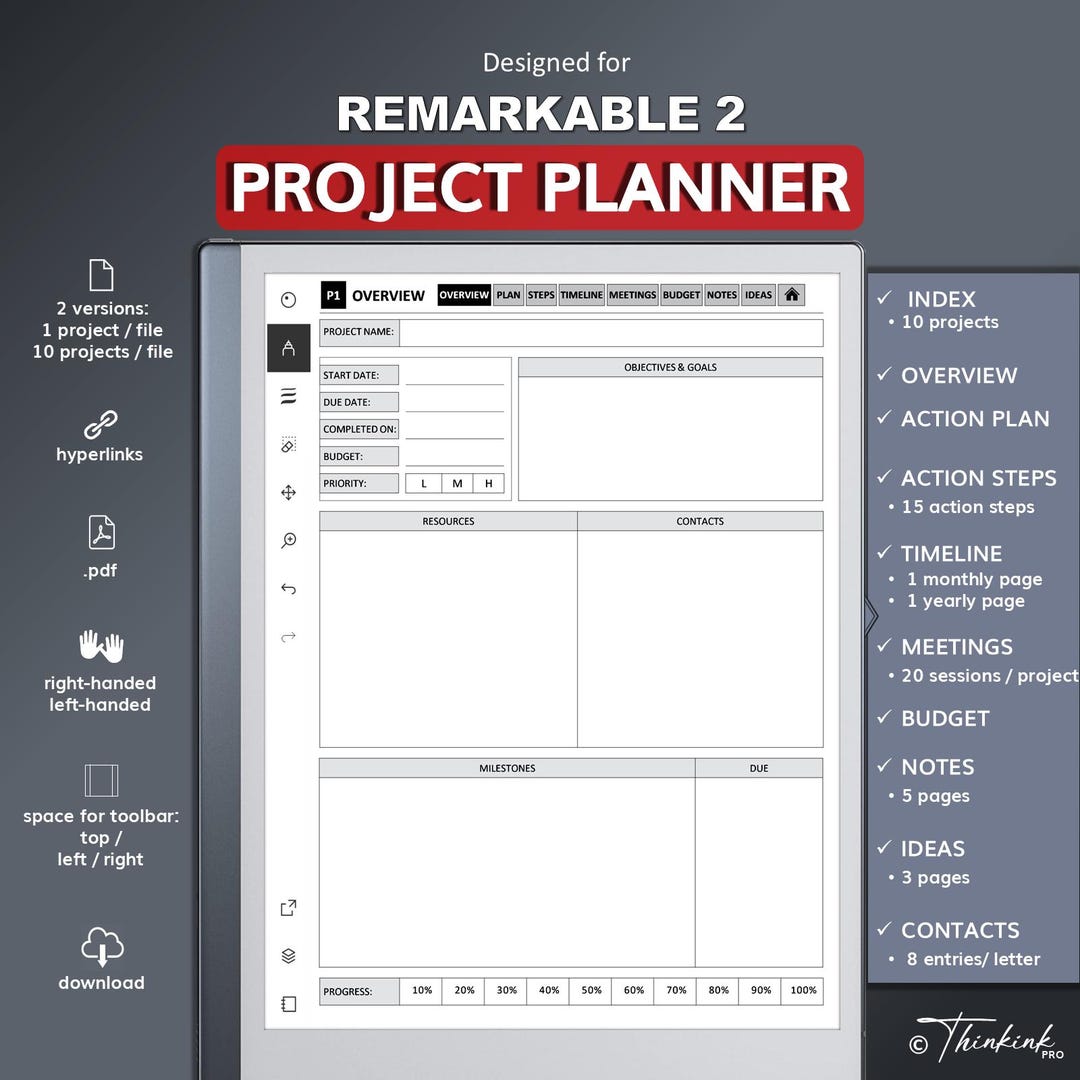Project Planner for REMARKABLE 2 | Hyperlinked | Pdf | Template - Etsy