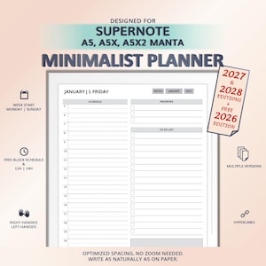 Può includere: Un'agenda digitale per dispositivi Supernote A5, A5X e A5X2 Manta. Il layout presenta un programma giornaliero, priorità e una lista di cose da fare. Il testo include le edizioni 2027 e 2028 più un'edizione gratuita 2026, opzioni settimanali e link.