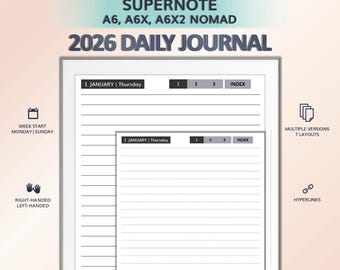 2026 Daily Journal for SUPERNOTE A6, A6X, A6X2 Nomad | Hyperlinked PDF Template