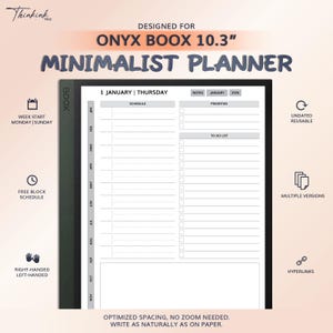 Può includere: Un planner minimalista per Onyx Boox 10.3" con interno bianco. Include un programma, una lista di cose da fare e pagine riutilizzabili non datate. Progettato per la scrittura naturale e con collegamenti ipertestuali.