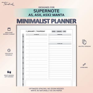 Può includere: Un modello di agenda digitale per dispositivi Supernote A5, A5X e A5X2 Manta. Il layout presenta un programma giornaliero, priorità e una lista di cose da fare con intestazioni di data per il 1° gennaio, giovedì 2026. Include icone per inizio settimana, orario libero, lateralità, versioni multiple e collegamenti ipertestuali.