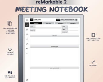 Meeting Notebook for reMarkable2 | Hyperlinked PDF Template