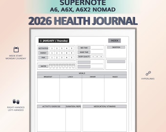 2026 Health Journal for SUPERNOTE A6, A6X, A6X2 Nomad | Hyperlinked PDF Template
