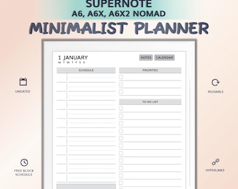 Minimalist Planner for SUPERNOTE A6, A6X, A6X2 Nomad | Hyperlinked PDF Template | Undated