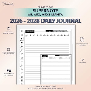 Può includere: Diario digitale giornaliero per Supernote A5, A5X e A5X2 Manta, dal 2026 al 2028. Offre versioni multiple, 7 layout, collegamenti ipertestuali e opzioni per mancini e destrorsi. Inizia il lunedì.