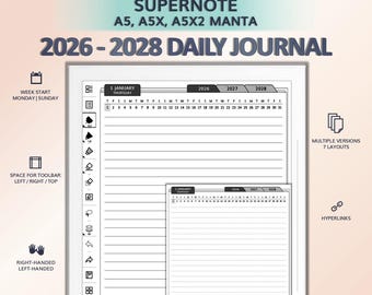 2026-2028 Daily Journal for SUPERNOTE A5, A5X, A5X2 Manta | Hyperlinked PDF Template