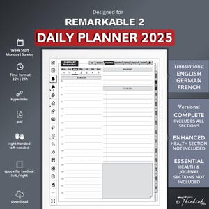Daily Planner for REMARKABLE 2 | German | French | English | hyperlinked | pdf