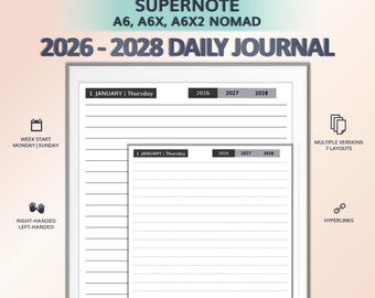 2026-2028 Daily Journal for SUPERNOTE A6, A6X, A6X2 Nomad | Hyperlinked PDF Template
