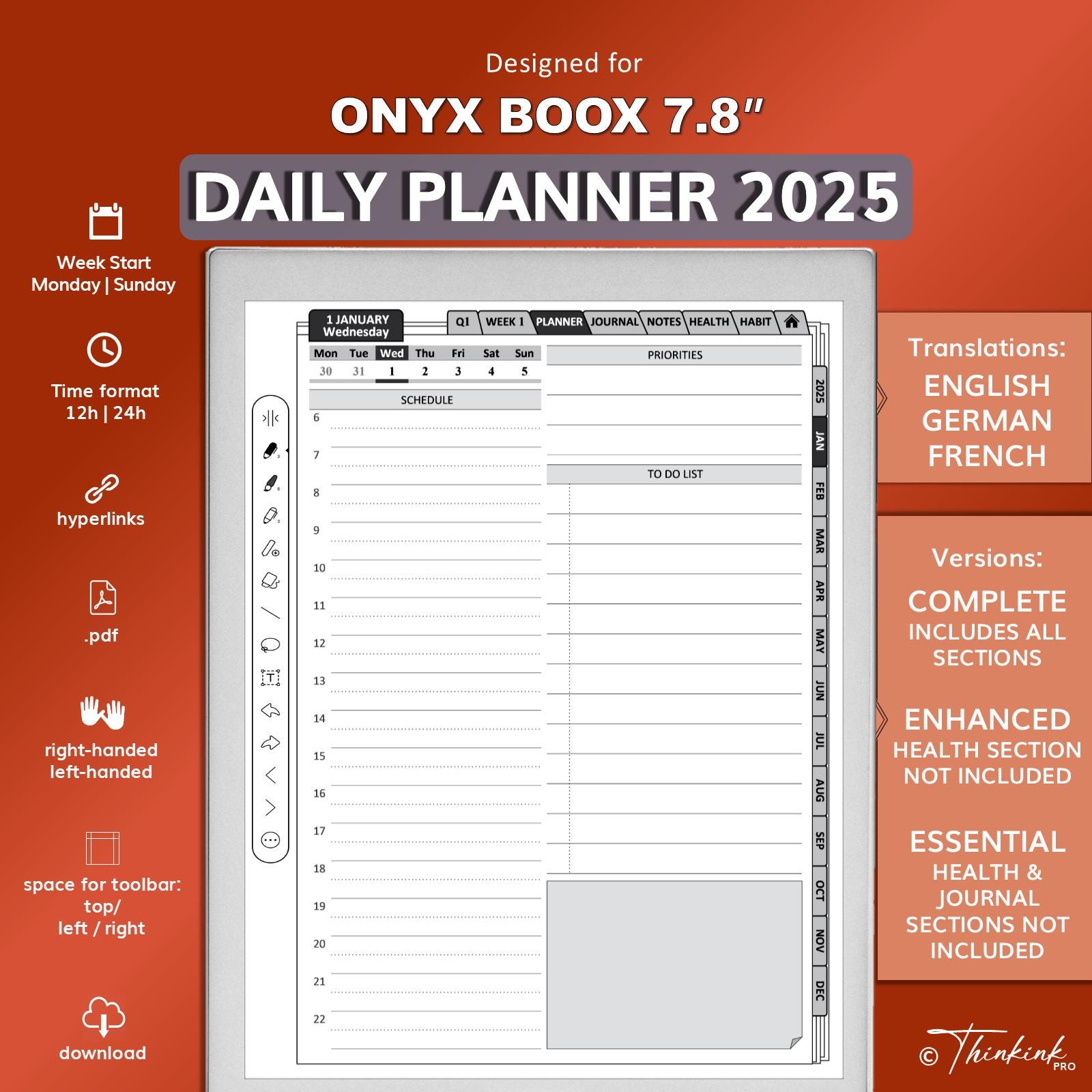 Daily Planner for BOOX | German | French | English | hyperlinked | pdf | B&W | Tab Mini C / Nova series / Nova Air series | 7.8 inch