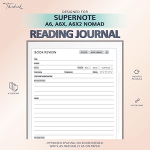 May include: A digital reading journal designed for Supernote A6, A6X, and A6X2 Nomad devices. The journal features a book review template with sections for title, author, genre, and summary. It includes undated, reusable pages and hyperlinks.