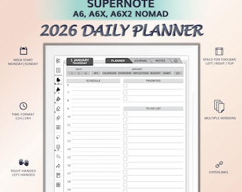 2026 Daily Planner for SUPERNOTE A6, A6X, A6X2 Nomad | Hyperlinked PDF Template