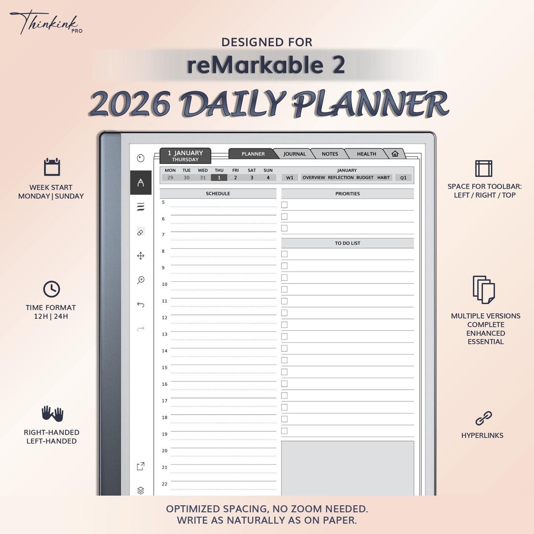 2026 Daily Planner for Remarkable 2 | Hyperlinked PDF Template - Etsy