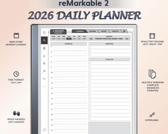 2026 Daily Planner for reMarkable 2 | Hyperlinked PDF Template