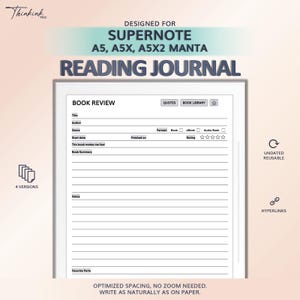 May include: A white digital reading journal template for Supernote A5, A5X, and A5X2 Manta devices. The template includes sections for book reviews, quotes, and notes. The design is optimized for digital writing, with undated and reusable features.