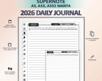 2026 Daily Journal for SUPERNOTE A5, A5X, A5X2 Manta | Hyperlinked PDF Template