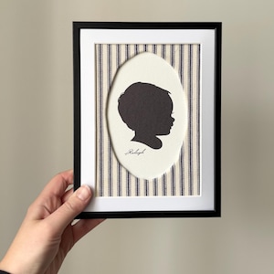 Custom Child Silhouette Portrait | Fabric Wrapped Mat | Heirloom 5x7 Keepsake Gift for Mom | Framed Nursery Wall Art