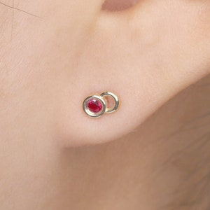 Double Circle Ruby Earring | 14k Bezel Earring | Single or Pair Tiny Earring | 2.3MM Natural Ruby Stud | Ruby Push Back Earring | Rose Gold